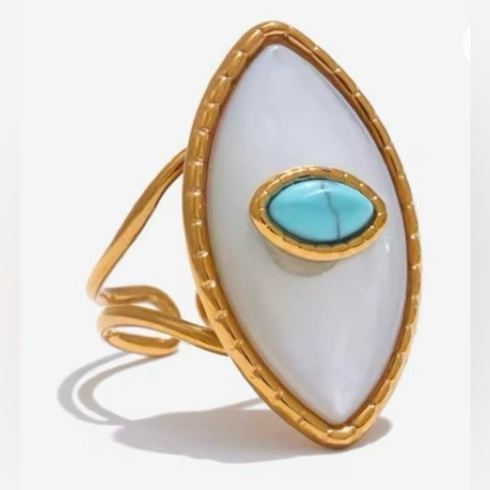 Stainless steel  PVD plated Gold and Turquoise Statement Ring